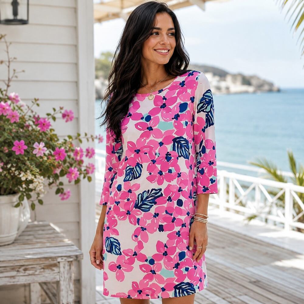 Mahi Gold Tropical Floral Shift Dress Womens Small Pink Blue White Bold Casual